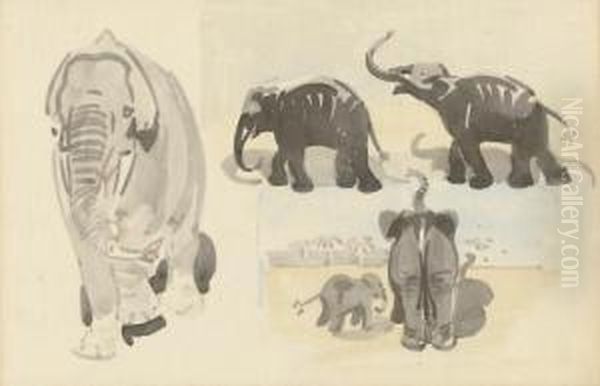 Studies Of Elephants Oil Painting by Joseph Crawhall