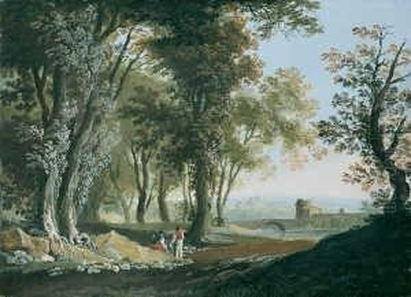 Italienische Landschaft Mit 
Einer Brucke Und Zwei Wanderern Als Staffage. Gouache Auf Papier, Auf 
Leinwand Aufgezogen (unter Glas Gerahmt). H 39,2; B 53,5 Cm. Oil Painting by Louis-Philippe Crepin