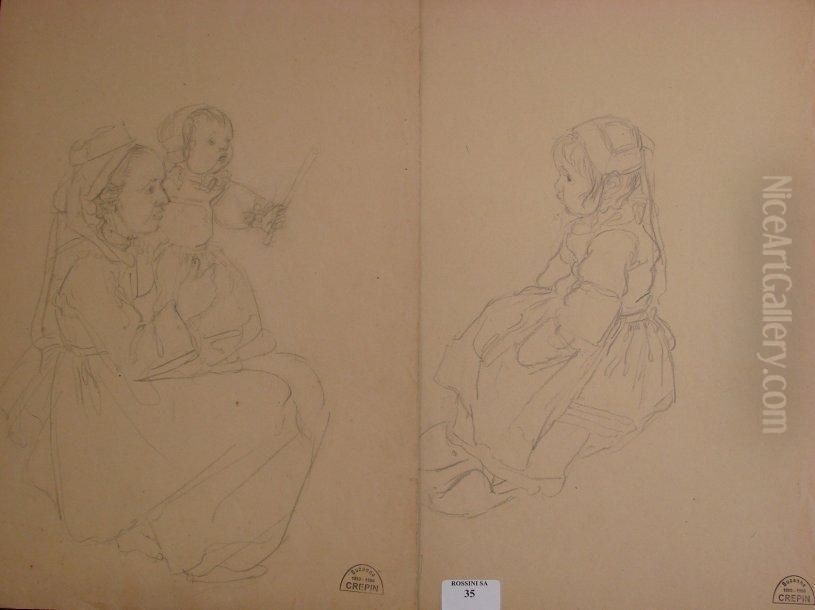 Enfant Aux Sabots Et Mere Et Son Enfant Oil Painting by Suzanne Crepin