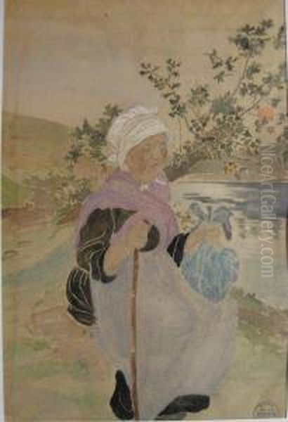 Femme S'appuyant Sur Un Baton Oil Painting by Suzanne Crepin