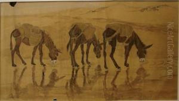 Trois Anes S'abreuvant Dans Un Oued Oil Painting by Suzanne Crepin
