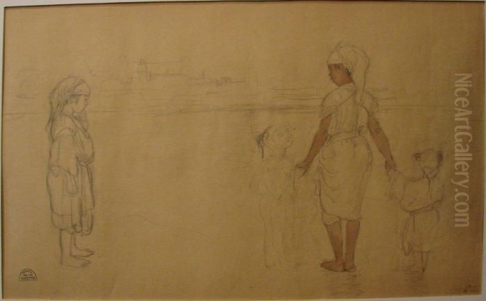 Femme Et Trois Enfants Aux Abords D'une Ville Oil Painting by Suzanne Crepin