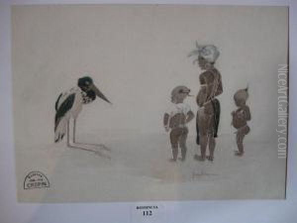 Mere Et Ses Deux Enfants, En Presence D'un Marabout Oil Painting by Suzanne Crepin