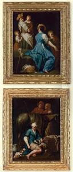 Interior With Two Women And 
Three Children; Interior With A Woman, A Dog, A Donkey And Two Young Men Oil Painting by Giuseppe Maria Crespi