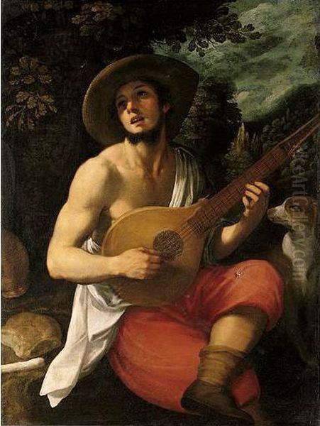 Portrait Of A Young Man, Three 
Quarter Length Seated, Playing A Cittern, A Landscape Beyond Oil Painting by Domenico Cresti (see Passignano)