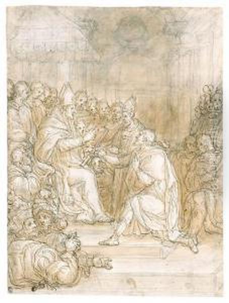 Passignano
A Pope Presenting A Marshal's Baton To A Kneeling Figure In Frontof An Assistant
Black Chalk Oil Painting by Domenico Cresti (see Passignano)