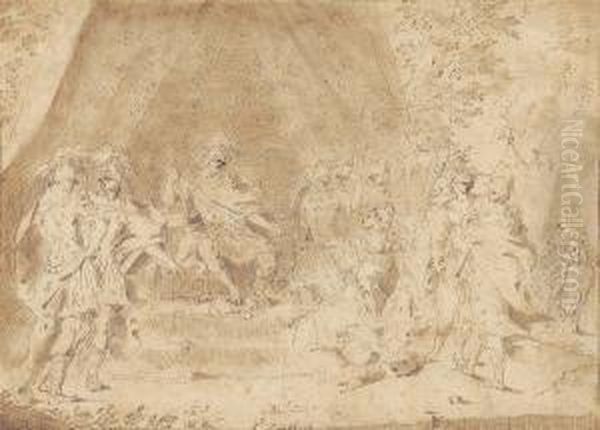 Herrscher Auf Einem Thron, Von 
Zahlreichen Personen Umgeben - Szene Aus 