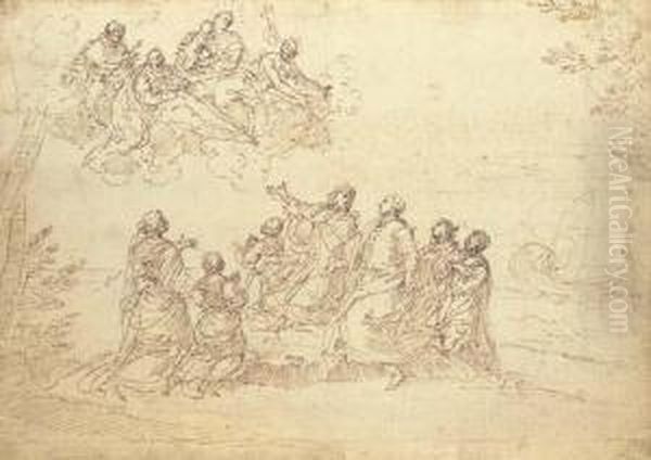 A Patrician Family Kneeling On A
 Seashore Experiencing A Vision Ofthe Madonna And Child And Saint 
Dominic, Saint John The Baptist Andanother Saint, A Ship Seen Beyond Oil Painting by Donato Creti