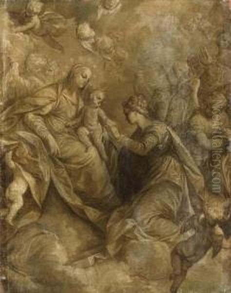 The Mystic Marriage Of Saint 
Catherine Of Alexandria, With Angelsand Cherubim, En Grisaille Oil Painting by Donato Creti