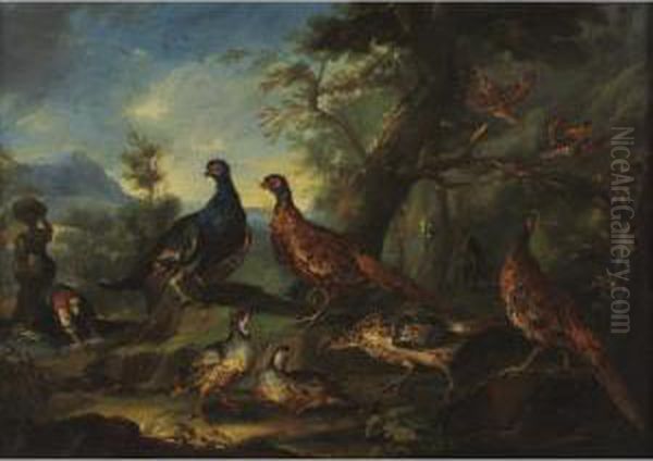 Game Birds In A Landscape With Washerwomen Beyond Oil Painting by Giovanni Crivelli, Il Crivellone