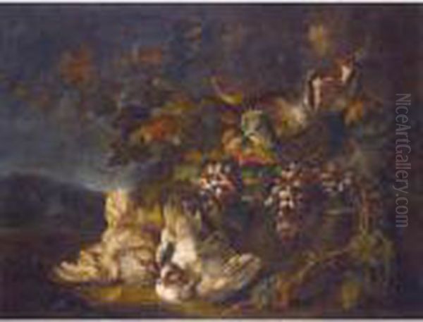 Still Life With Doves, Partridges And Grapes In A Landscape Oil Painting by Giovanni Crivelli, Il Crivellone