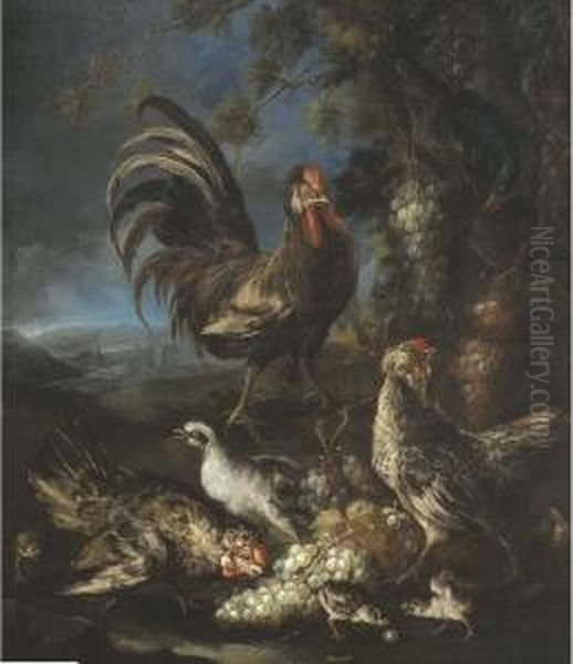 Gallinacei E Uva In Un Paesaggio Oil Painting by Giovanni Crivelli, Il Crivellone