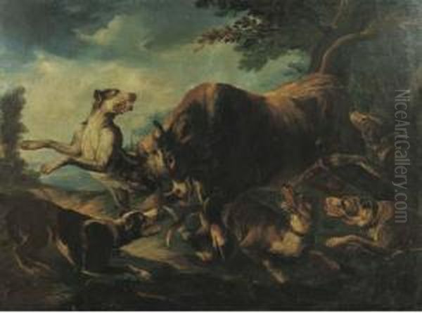 Toro Aggredito Da Cani Oil Painting by Giovanni Crivelli, Il Crivellone