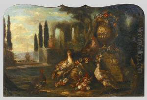 Paysage Imaginaire Au Vase Medicis Et Poules Faisanes Oil Painting by Angelo Maria Crivelli, Il Crivellone