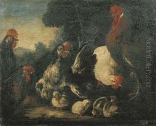 Galline E Pulcini En Plein Air Oil Painting by Angelo Maria Crivelli, Il Crivellone