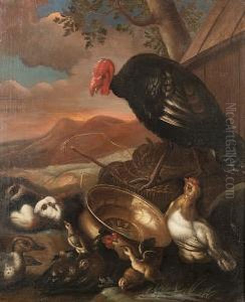 A Turkey And Other Fowl With 
Guinea Pigs In A Farmyard With A Mountainous Landscape Beyond Oil Painting by Angelo Maria Crivelli, Il Crivellone