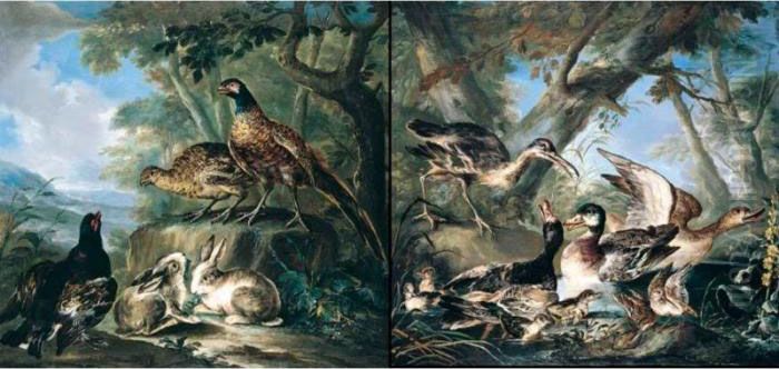 A Wooded Landscape With Ducks 
And A Curlew In A Pond; A Wooded Landscape With Pheasants And Rabbits Oil Painting by Angelo Maria Crivelli, Il Crivellone