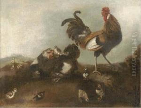 A Chicken, Cockerel And Chicks 
In A Landscape, The Prodigal Sonworking With The Swine Beyond Oil Painting by Angelo Maria Crivelli, Il Crivellone