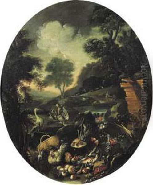 Pesci Ed Un Cesto Rovesciato Di 
Ciliege, Barbabietole, Un'anguria, Una Melagrana E Fiori In Un Vaso Di 
Vetro En Plein Air Con Galline, Una Gazza E Pavoni Con Un Paesaggio 
Fluviale E Astanti Vari Sullo Sfondo Oil Painting by Angelo Maria Crivelli, Il Crivellone