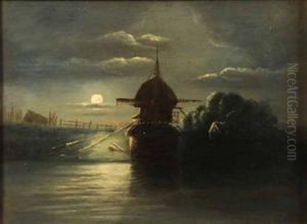 Moonlit
Landscape With Windmill Oil Painting by John Berney Crome