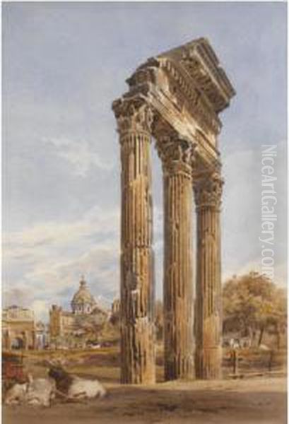 The Forum, Rome: The Remains Of 
The Temple Of The Dioscuri With The Church Of Santa Martina And San Luca
 Beyond Oil Painting by Thomas Hartley Cromek