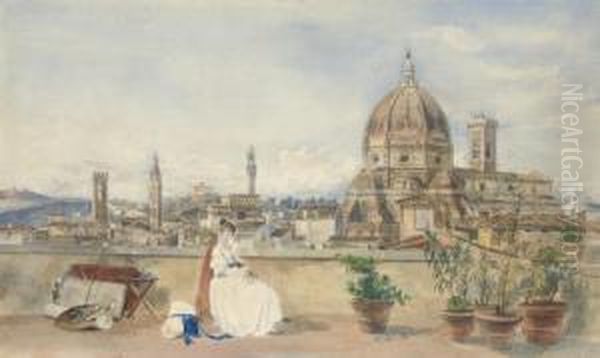 The Artist's Wife Admiring The 
Skyline Of Florence With The Bargello, Badia, Forte Belvedere, Palazzo 
Vecchio, Duomo And Campanile, From A Roof Terrace On The Via Dei Servi Oil Painting by Thomas Hartley Cromek