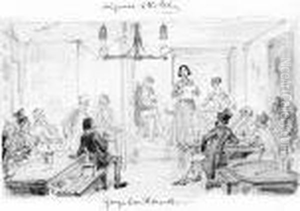 Watercolour Sketch For His 
Etching 'the Ragged School, In West Street (late Chick Lane) 
Smithfield', Showing A Turmoil Of Young Children Under Instruction; With
 A Self-portrait In The Margin, Cruikshank's Later Signature In Ink; 
Together With An I Oil Painting by George Cruickshank