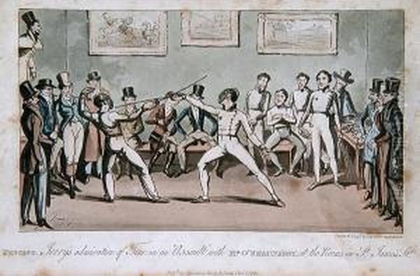 Fencing - Jerry's Admiration Of 
Tom In An Assulat With Mr O'shaunessy, At The Rooms In St James's St. Oil Painting by I. Robert and George Cruikshank