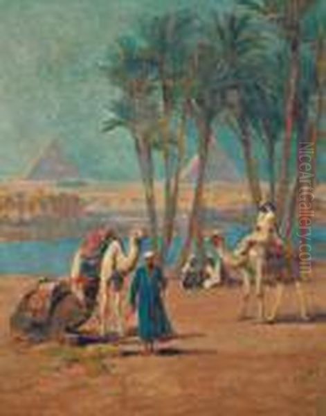 Ecole Hongroise
 Halte De Chameliers Au Bord Du Nil Oil Painting by Karoly Cserna