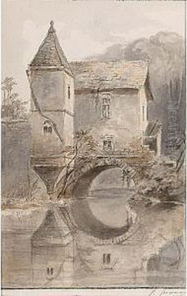 View Of A House Standing Over A Canal Oil Painting by Conradyn Cunaeus