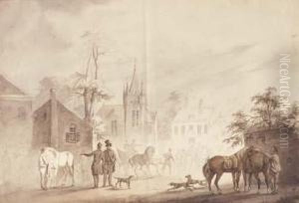 Horsemen By A Village Square Oil Painting by Conradyn Cunaeus