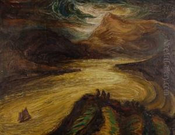 Cuningham , Oil On Canvas,modernist Study, Boat On A Mountain Lake, Signed, 22