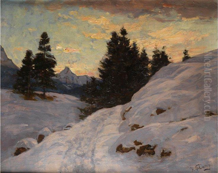 Verschneite Gebirgslandschaft Mit Wolkigem Abendhimmel Oil Painting by Robert Franz Curry