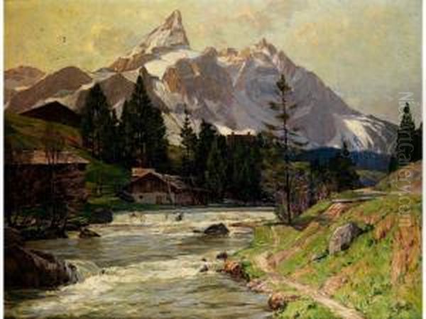 Grosse Oberbayerische Gebirgslandschaft Oil Painting by Robert Franz Curry