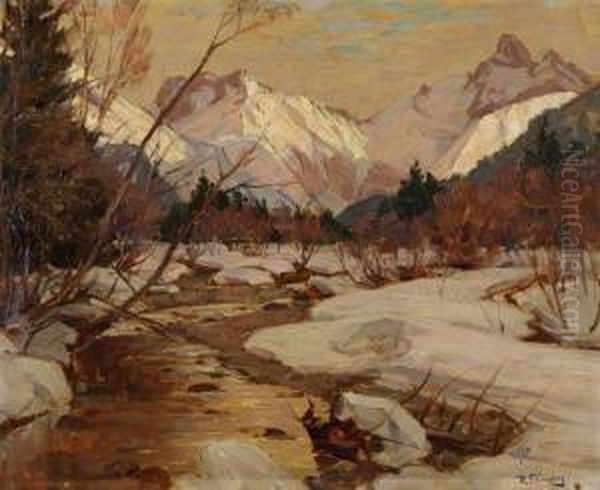 Bachlauf Vor Verschneitem Bergpanorama Oil Painting by Robert Franz Curry