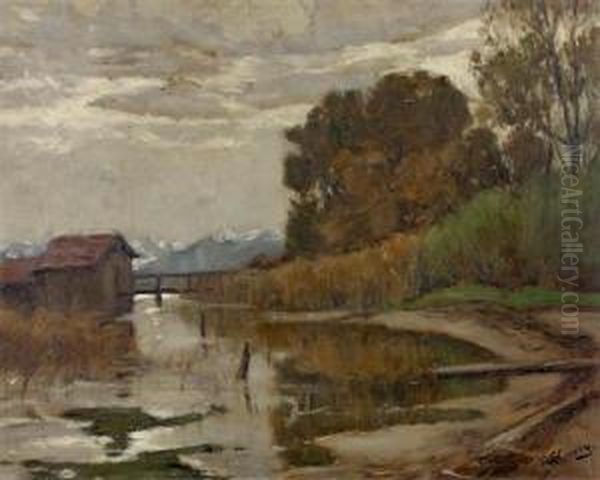 Seeufer Mit Bootshaus Und Blick Auf Die Verschneiten Berge. Oil Painting by Robert Franz Curry