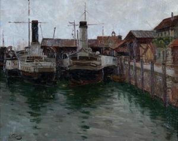 Harbour Scene Oil Painting by Robert Franz Curry