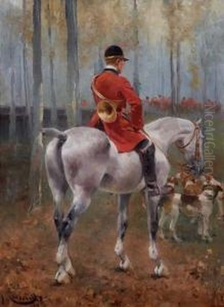 Jinete Con Corneta Y Perros De 
Caza En Un Bosque (rider With A Hunting Horn And Hounds In A Forest) Oil Painting by Josep I Cusachscusachs