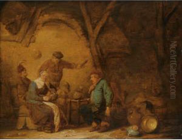 Peasants Smoking And Drinking In
 An Inn, A Still Life Of Earthenware Pots And A Copper Bowl To The Right Oil Painting by Benjamin Gerritsz. Cuyp