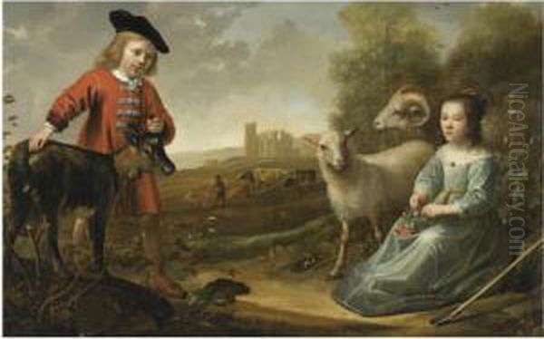 Portrait Of A Young Boy And A 
Young Girl With A Goat And Two Sheepin An Italianate Landscape, A 
Herdsman With His Cattle By Ruinsbeyond Oil Painting by Jacob Gerritsz. Cuyp