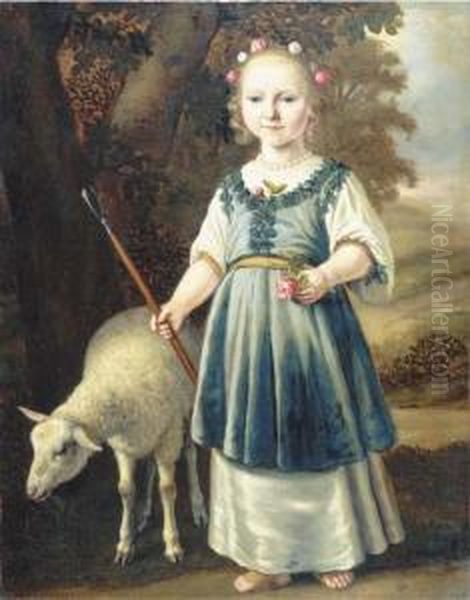 Portrait Of A Young Girl Dressed
 As A Shepherdess, In A White Dresswith A Light Blue Pinafore Set With 
Leaf Motifs, A Pearl Necklace,her Hair Set With Roses, In A Landscape 
With A Sheep Oil Painting by Jacob Gerritsz. Cuyp