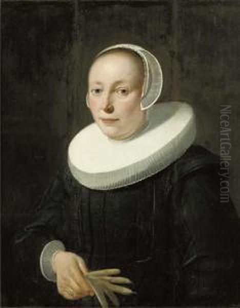 Portrait Of A Lady, Half-length,
 In A Black Dress And Molenkraag, Awhite Bonnet, And Lace Cuffs, A Pair 
Of Gloves In Her Righthand Oil Painting by Jacob Gerritsz. Cuyp
