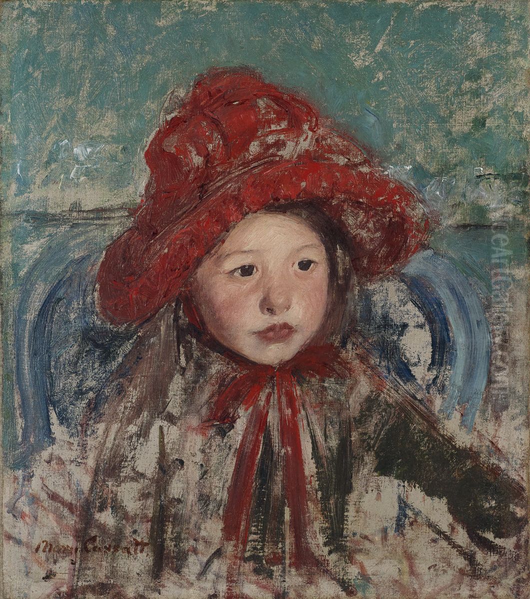 Little Girl In A Large Red Hat Oil Painting by Mary Cassatt