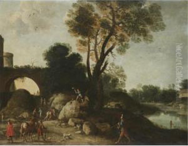 A Classical Landscape With 
Cavaliers In The Foreground, A Woodcutter Felling A Tree Beyond Oil Painting by Filippo D Angeli