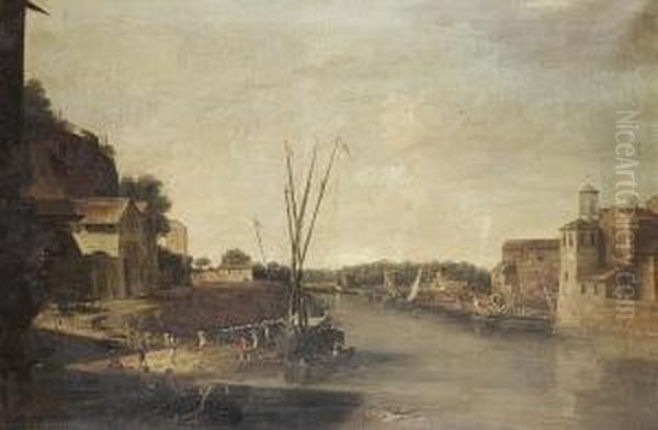 A River Landscape With Stevedores Unloading A Barge Oil Painting by Filippo D Angeli