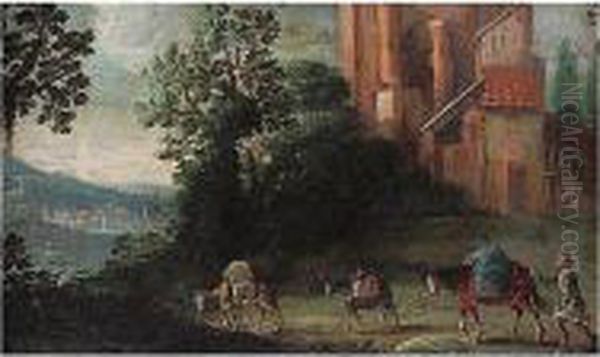 River Landscape With A Drover And Pack Animals Passing Houses Oil Painting by Filippo D Angeli