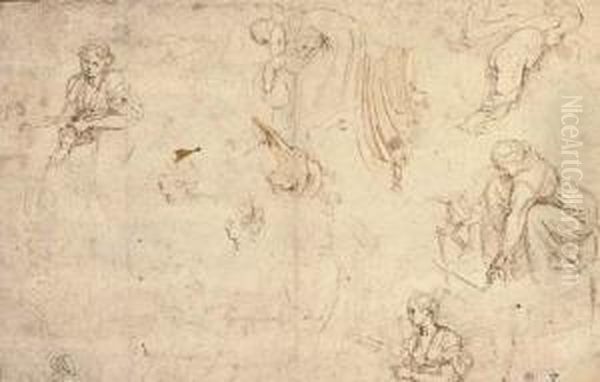 Three Studies Of A Woman Working
 Wool, Two Studies Of A Woman And A Child, Two Studies Of Drapery And 
Two Studies After The Antique Oil Painting by Girolamo da Carpi
