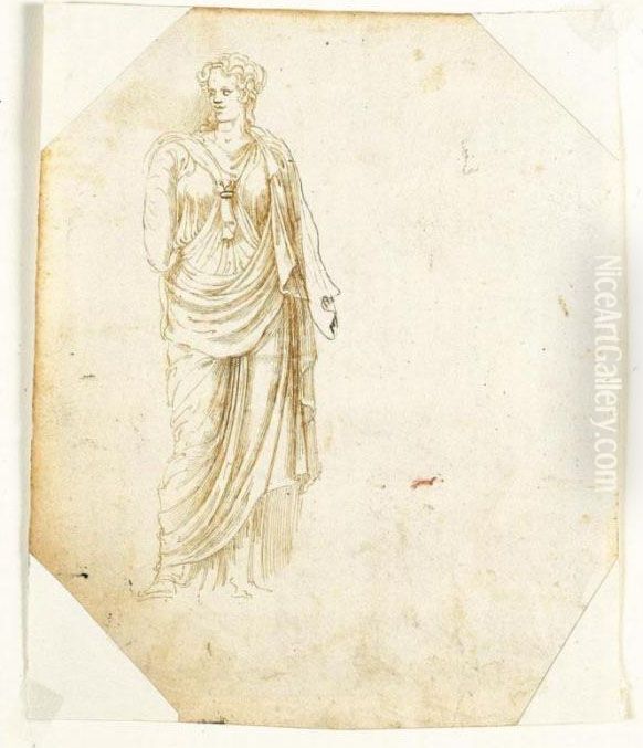 Due Studi Dall'antico: Studio 
Femminile (recto) E Disegno Per Soffitto A Grottesche (verso) Oil Painting by Girolamo da Carpi