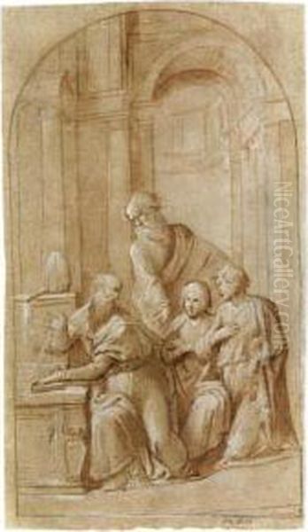 A Bishop Seated With His Left 
Hand On A Book, Two Young Men Kneeling Nearby And A Third Standing 
Behind, In An Architectural Setting Oil Painting by Garofalo