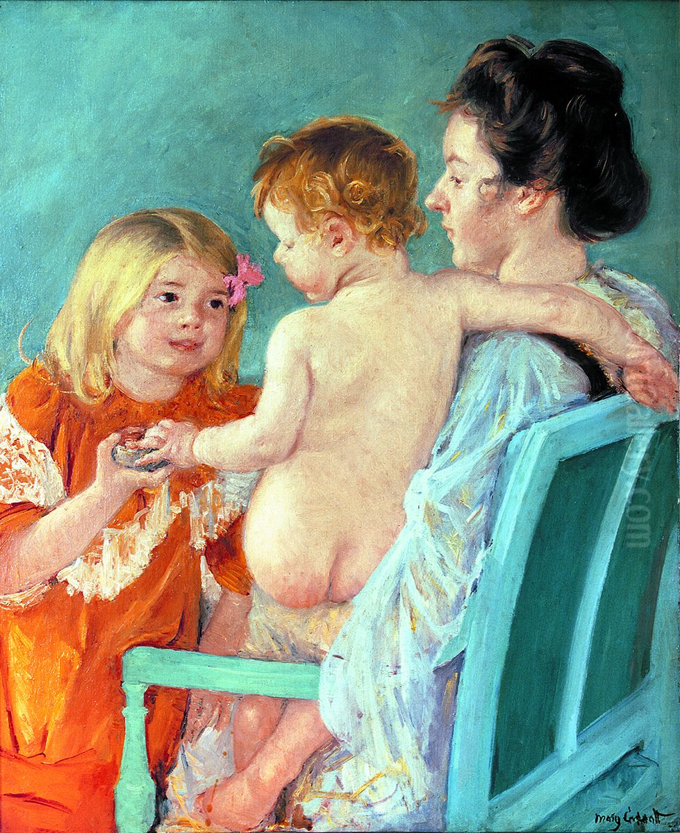 Sara Handing A Toy To The Baby Oil Painting by Mary Cassatt